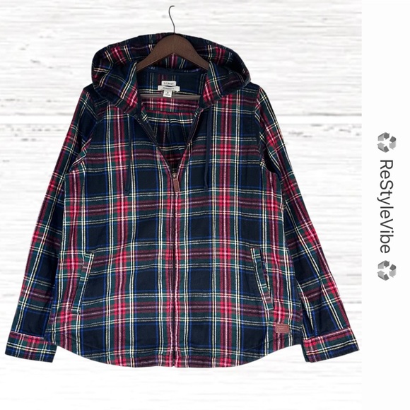 LL BEAN Size M Flannel Jacket Shacket Plaid Zipper Closure Relaxed Fit Hooded - Picture 1 of 16